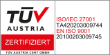 Weiße, rechteckige Auszeichnung mit der Aufschrift TÜV Austria zertifiziert
